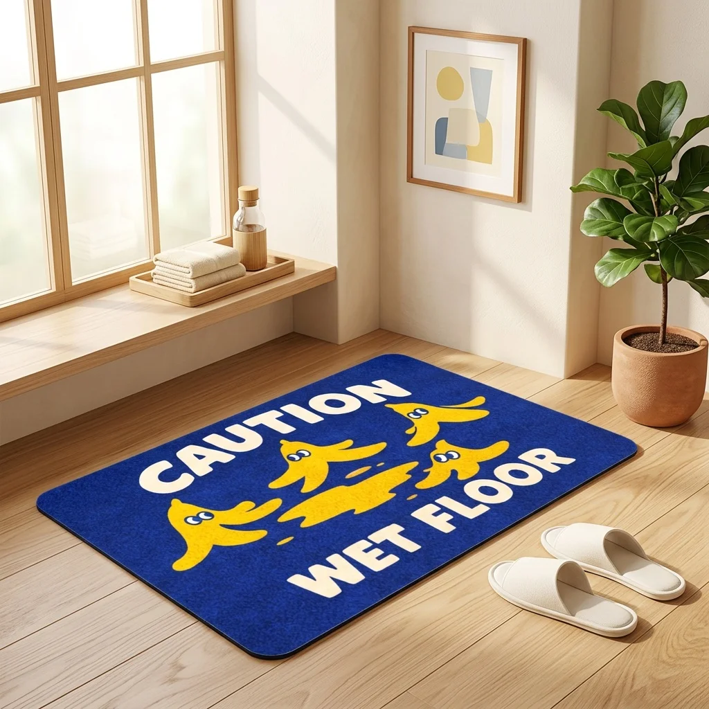 Funny Caution Wet Floor Door Mat, Slippery Banana Peel Pattern, Blue Bathroom Rug, Non-slip Entrance Mat, Humor Home Decor