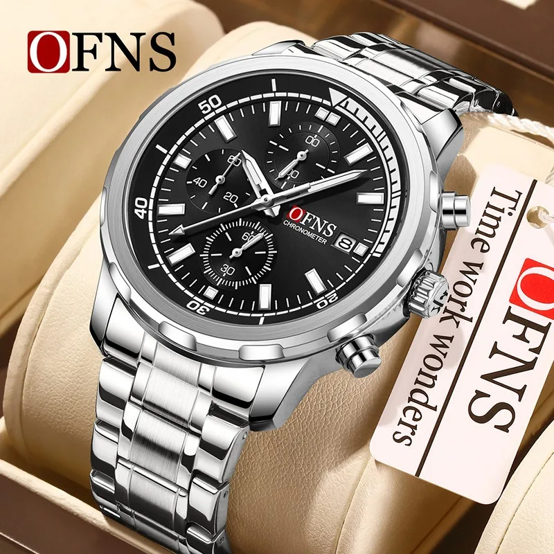 

OFNS 1621, модные роскошные кварцевые мужские часы со стальной полосой, многофункциональные водонепроницаемые часы со светящимся хронографом и календарем для мужчин