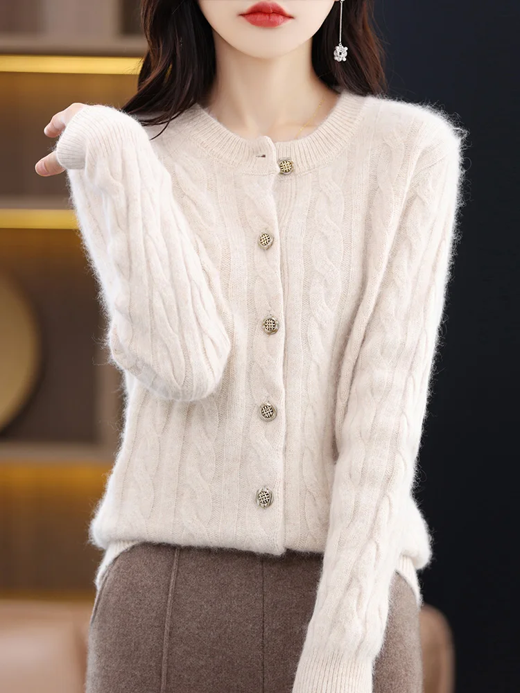 Women Sweater Cardigans O-neck 100% Mink Cashmere Knitwear Autumn Winter Twist Flower Long Sleeve Thick Warm Female Clothing Top