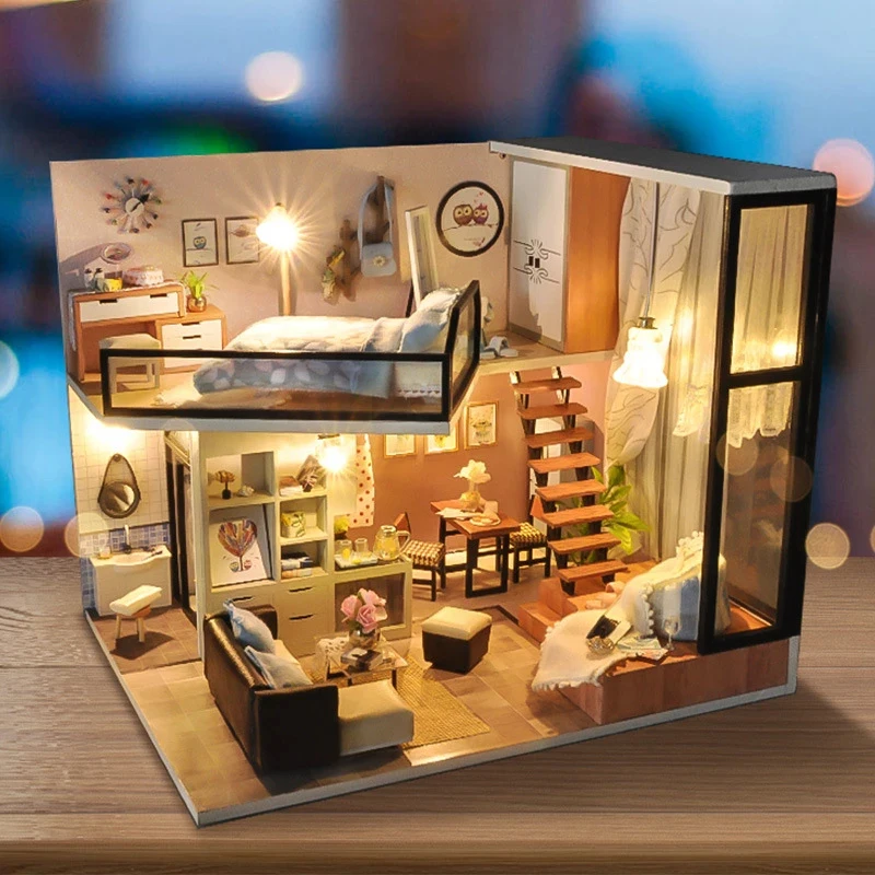 

OUZEY DIY Wooden Doll House Modern Loft Miniature Building Kits with Furniture Lights Villa Dollhouse for Girls Birthday Gifts