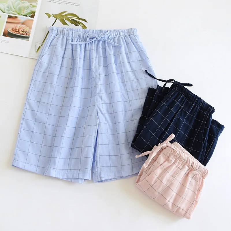 Japanese summer washed cotton single line large grid men\'s shorts cotton simple spot home five-point pants thin pajamas