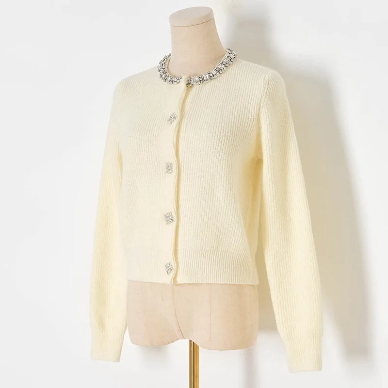 

New Solid Women Knitted Single Breasted Fashion Full Sleeve Beading Tops