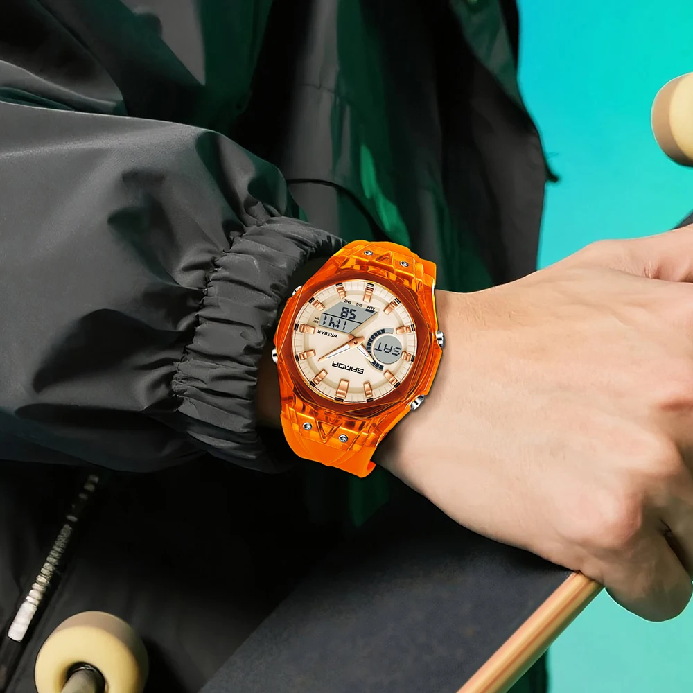 SANDA Digital Mens Military Watch Dual Display Luminous High Quality Wristwatch Fashion Orange Strap Waterproof Quartz Watches