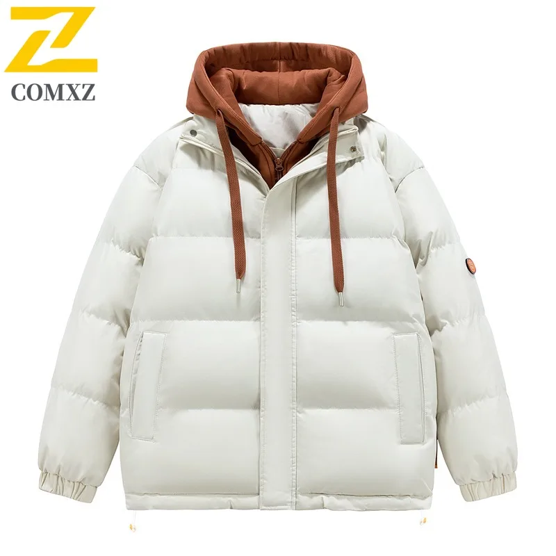 

COMXZ Men Winter Jacket Windproof False Two Piece Streetwear Outdoor Travel Bread Jacket Skiing Hooded Minimalist Padding Coat
