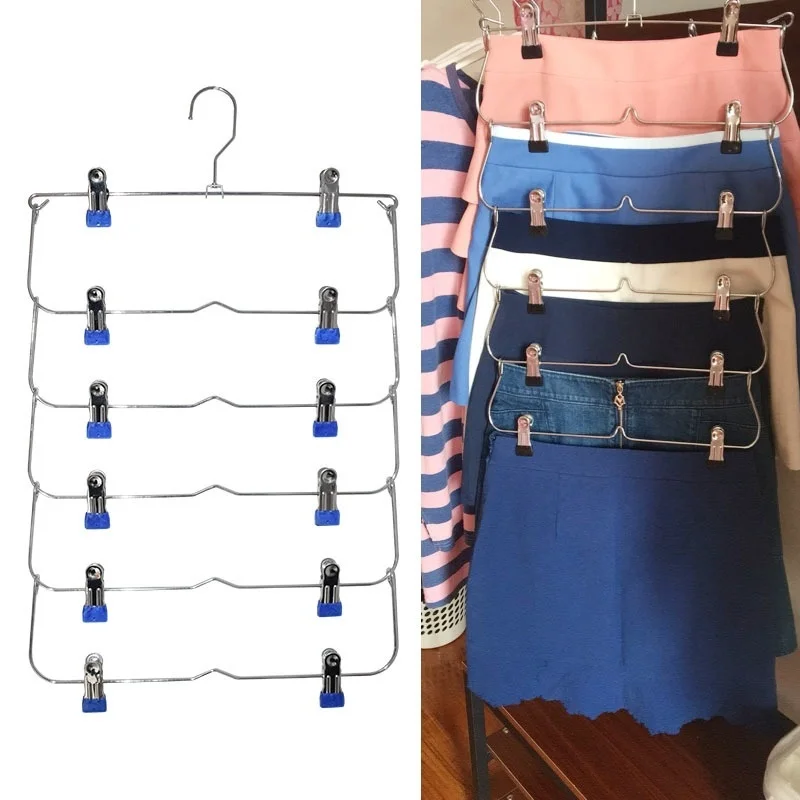 6 Layer Metal Clothes Hanger Non Slip Multi Layer Trouser Skirt Hanger With Clips Pants Storage Organizer For Wardrobe