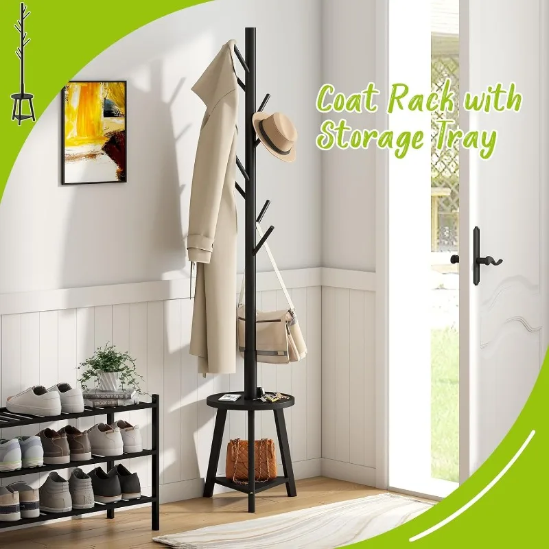 Coat Rack Freestanding Stand with Shelf Bamboo Wooden Coat Tree Easy Assembly 8 Hooks Standing Jackets Hanger Hallway Office