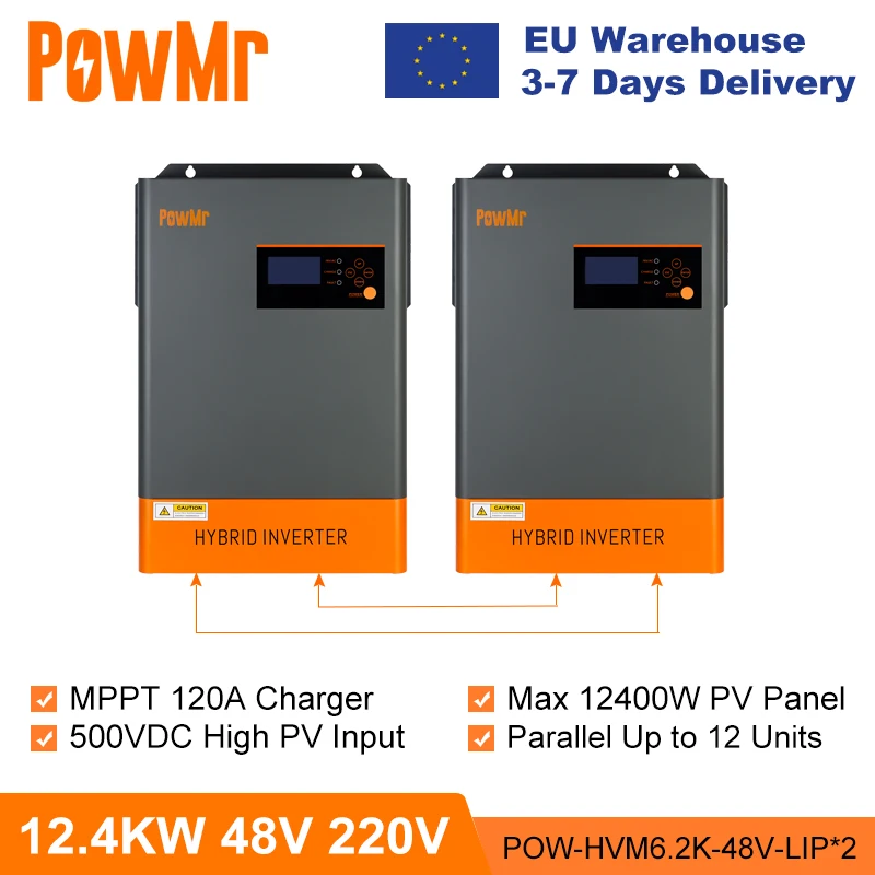 PowMr 12.4KW Hybrid Solar Inverter 48V 220V Off Grid Inverter with MPPT 120A Charger Work without Battery Parallel Up to 12 Unit