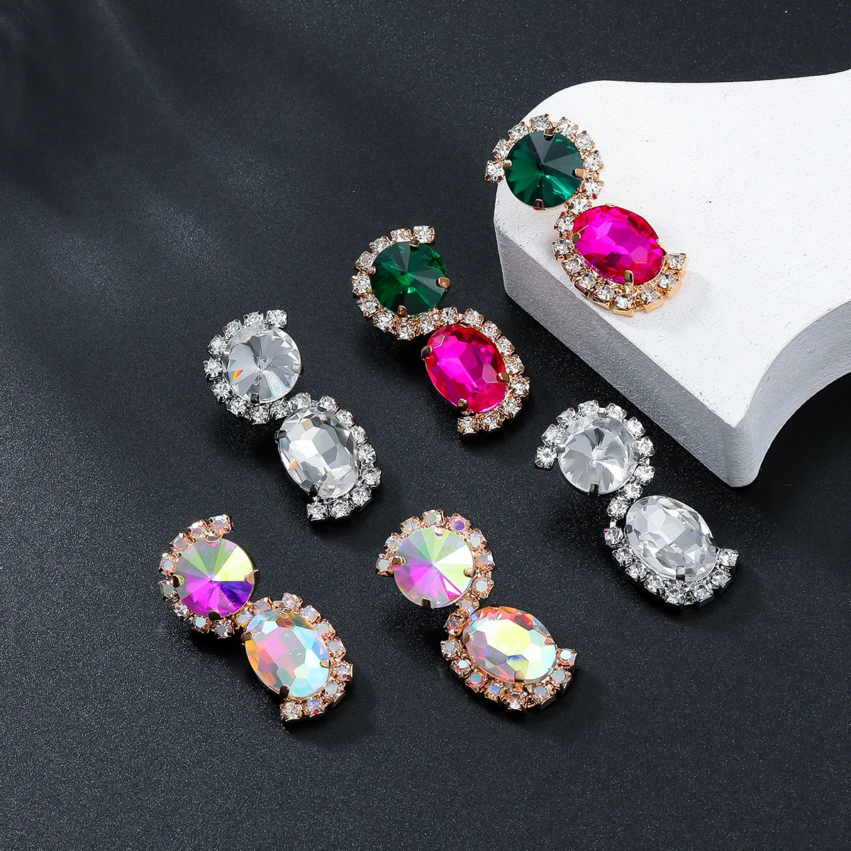 Geometric Fuchsia Green Crystals Stud Luxury Earring for Women Wedding Party Chic Fuchsia Jewelry