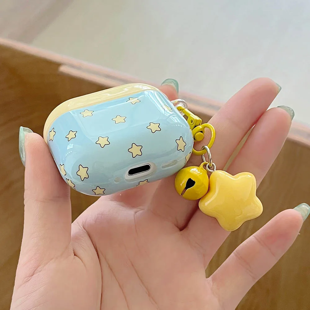 カラースプライシングスムーズイヤホンソフトケース AirPods Pro3 2025用 スターTPUカバー AirPods 1 2 3 4 Pro 2用 スターベルペンダント付き