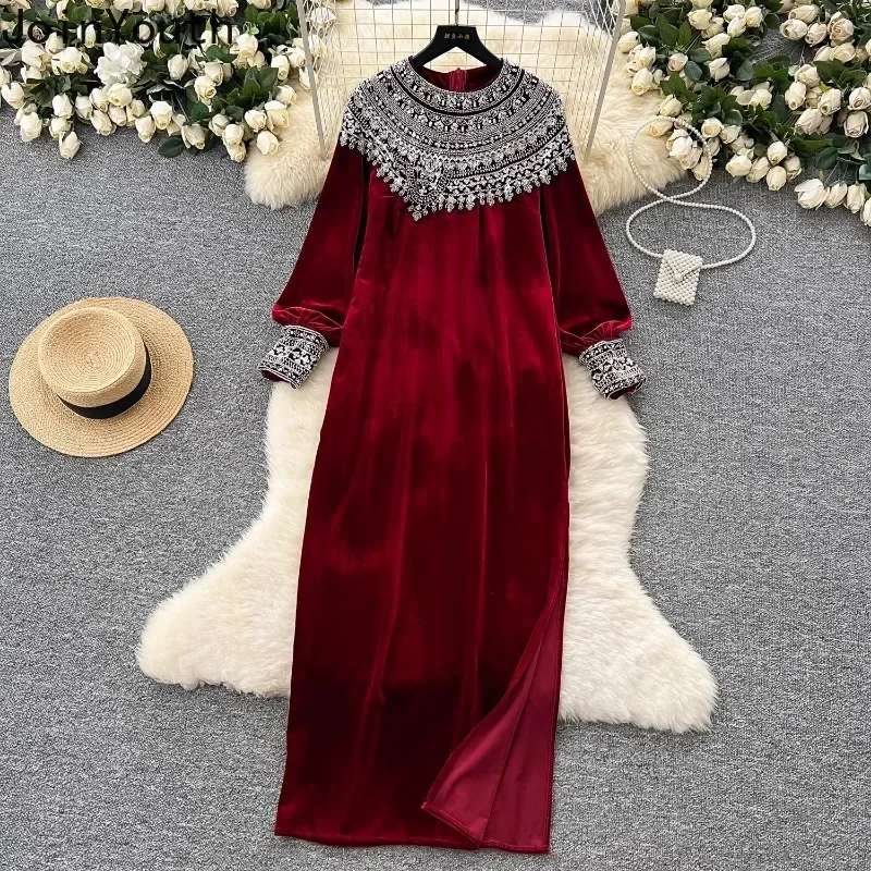 Temperament Robe Femme Vintage Loose Dresses for Women Heavy Sequin O-neck Split Velvet Maxi Dress 2025 Vestidos De Mujer 7p288