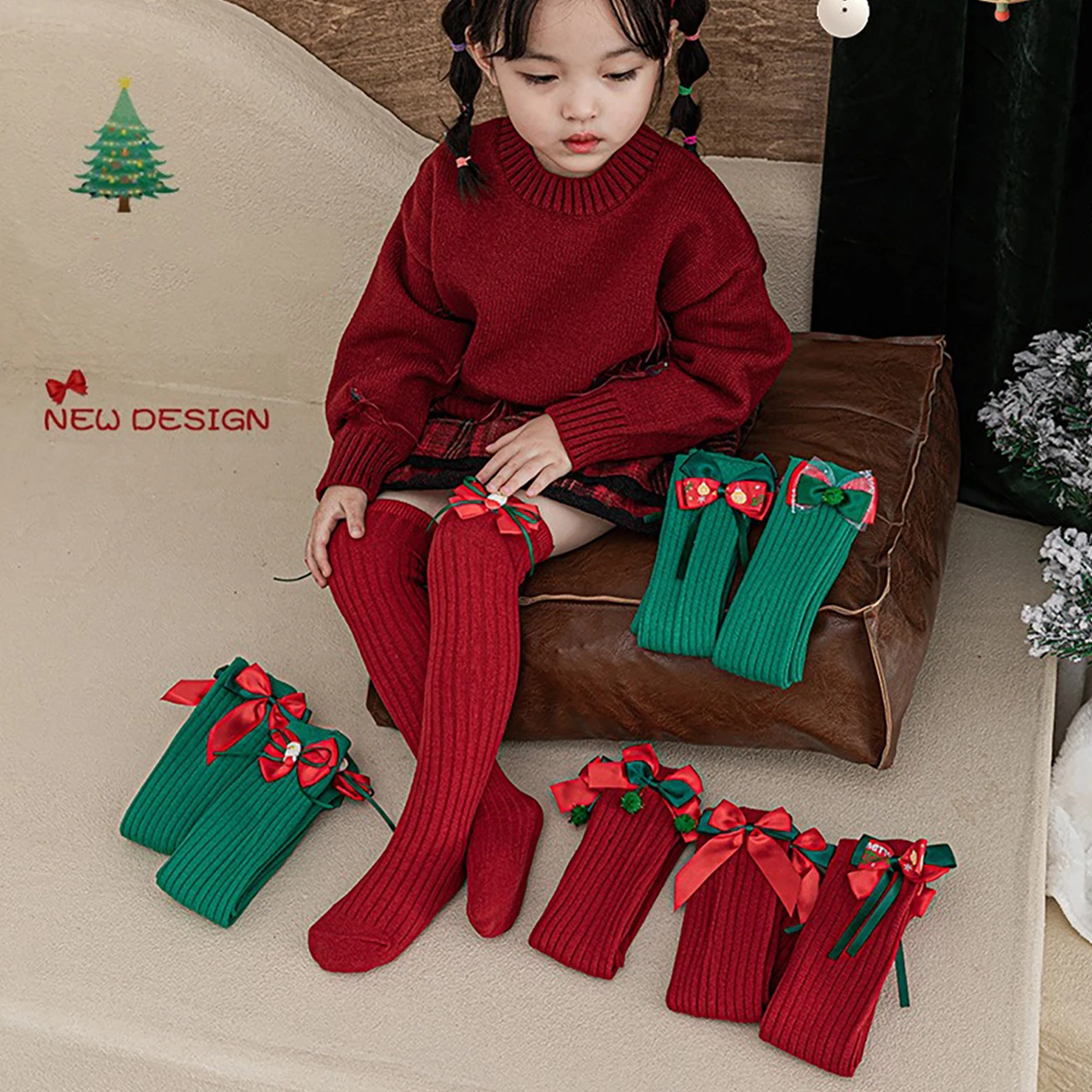 Baby Christmas Stockings Red Bow Long Socks 0-12Year Girl Calf Sock Winter Warm Knitted Stockings Cotton Children Knee-high Sock