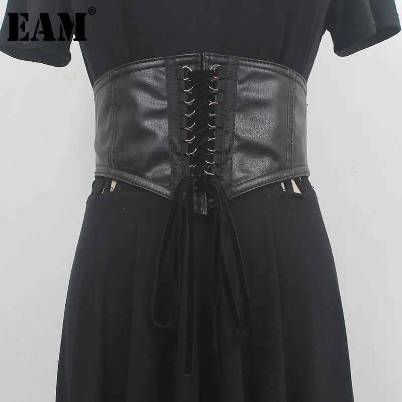 

[EAM] Pu Leather Black Bandage Elastic Irregular Wide Belt Personality Women New Fashion All-match Spring Autumn 2024 1DH5548