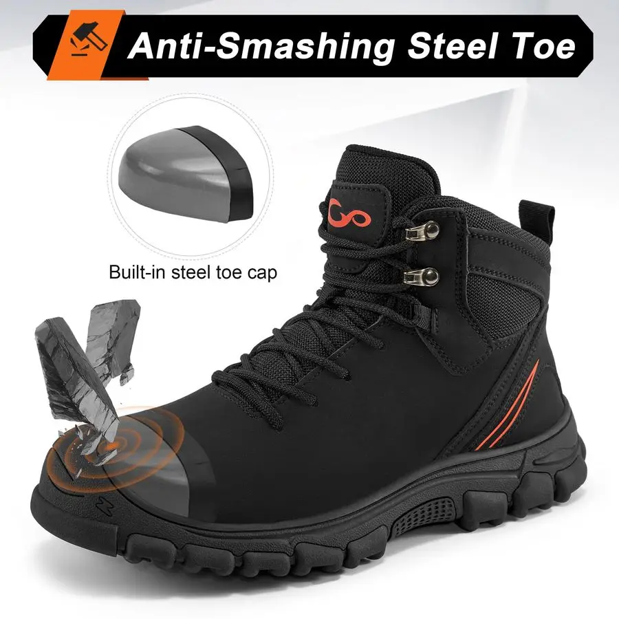 Mens Steel Toe Boots Slip Resistant Puncture Safety Work Shoes Waterproof Comfortable Composite Toe Walking Footwear