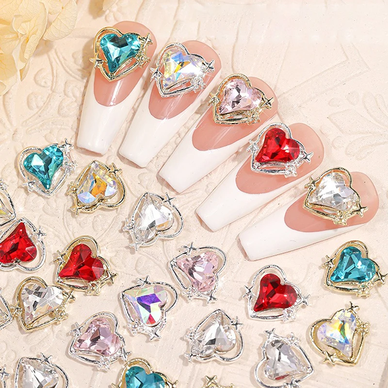 10PCS Love Heart Nail Art Charms Luxury Diamond Crystal Glitter Hallow Heart Rhinestones Alloy Nail Gems Manicure Decor Salon