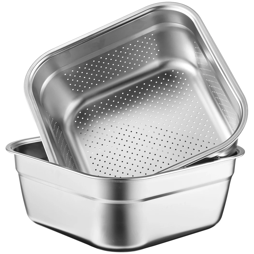 2Pcs Stainless Steel Square Colander Basin Set Kitchen Dish Tub For Sink Kitchen Basket With Drainage Hole For Efficient Rinsing