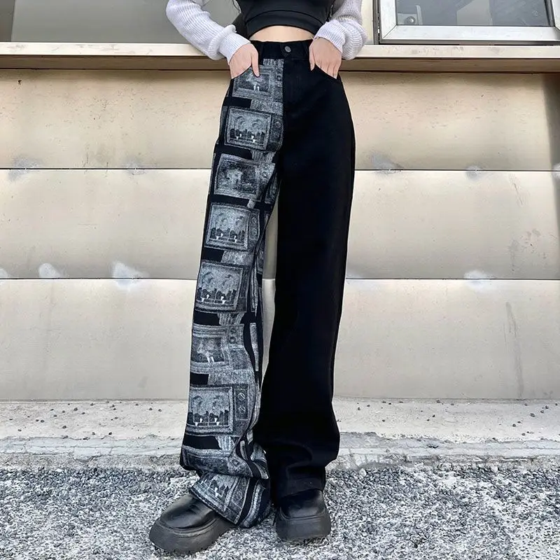 Asymmetrica Punk Hippie Pants Patchwork Trend Denim Jeans Pants for Women 2022 Vintage Loose Black Cowboy Trousers Straight Long