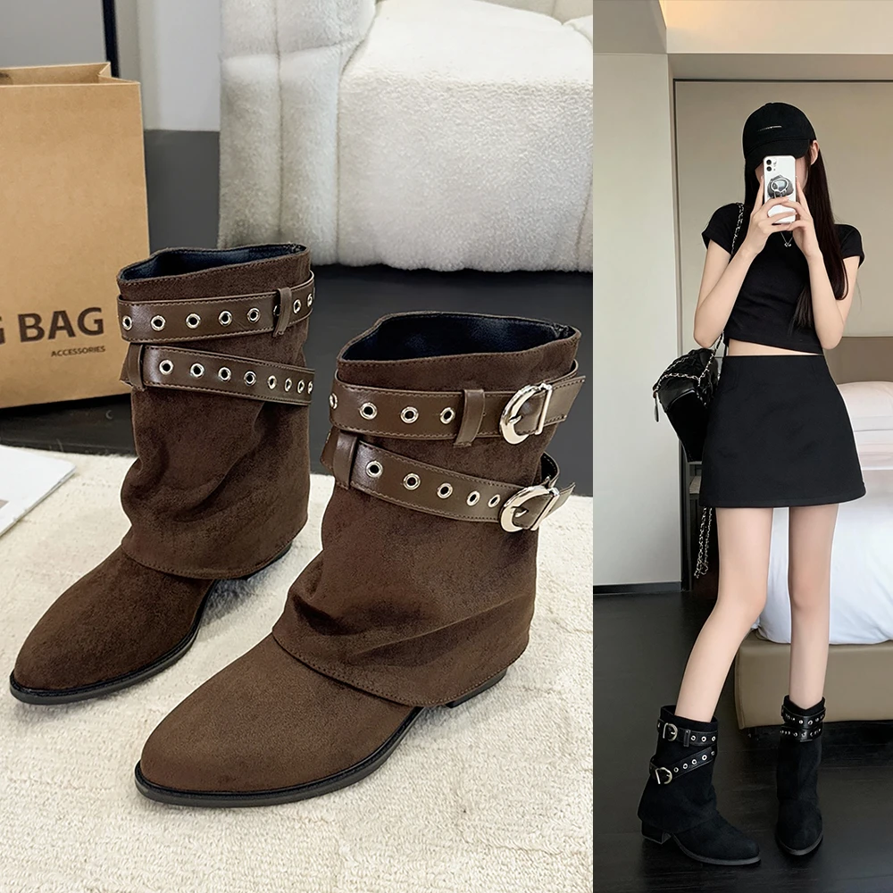 Genuine Leather Suede Vintage Maillard Knight Boots, Short Women's Boots with Hidden Heel, Calf Boots, Short Denim Boots
