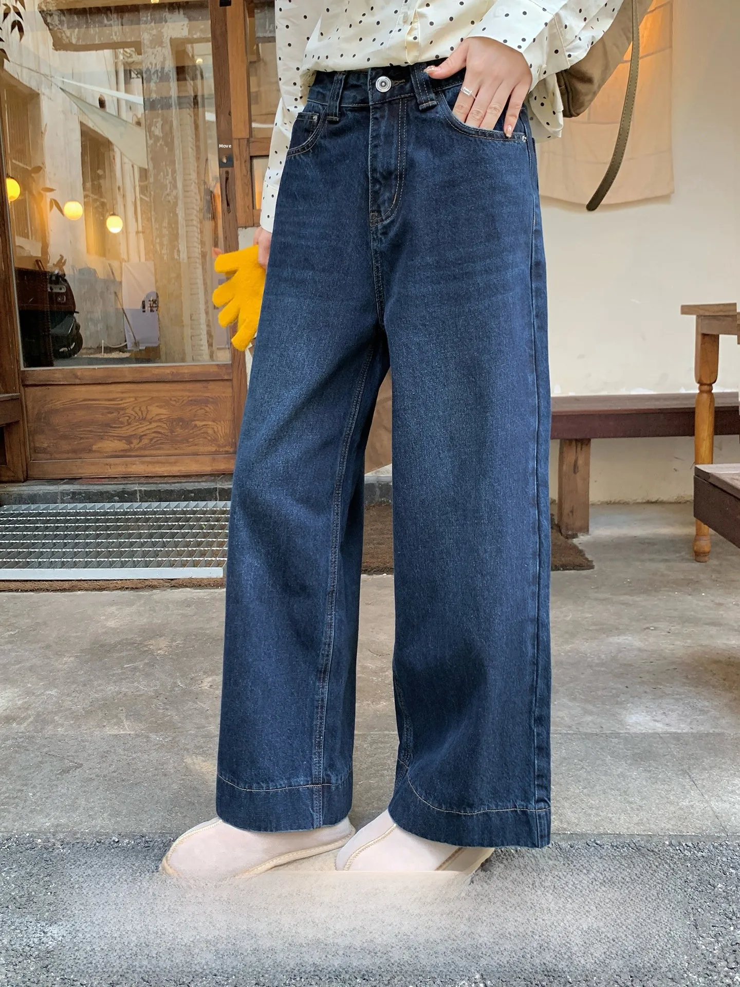 

Прямые джинсы с завышенной талией в стиле ретро, женские свободные широкие брюки, скрывающие бедра, хлопковые джинсы с девятью точками, классические брюки с высокой талией