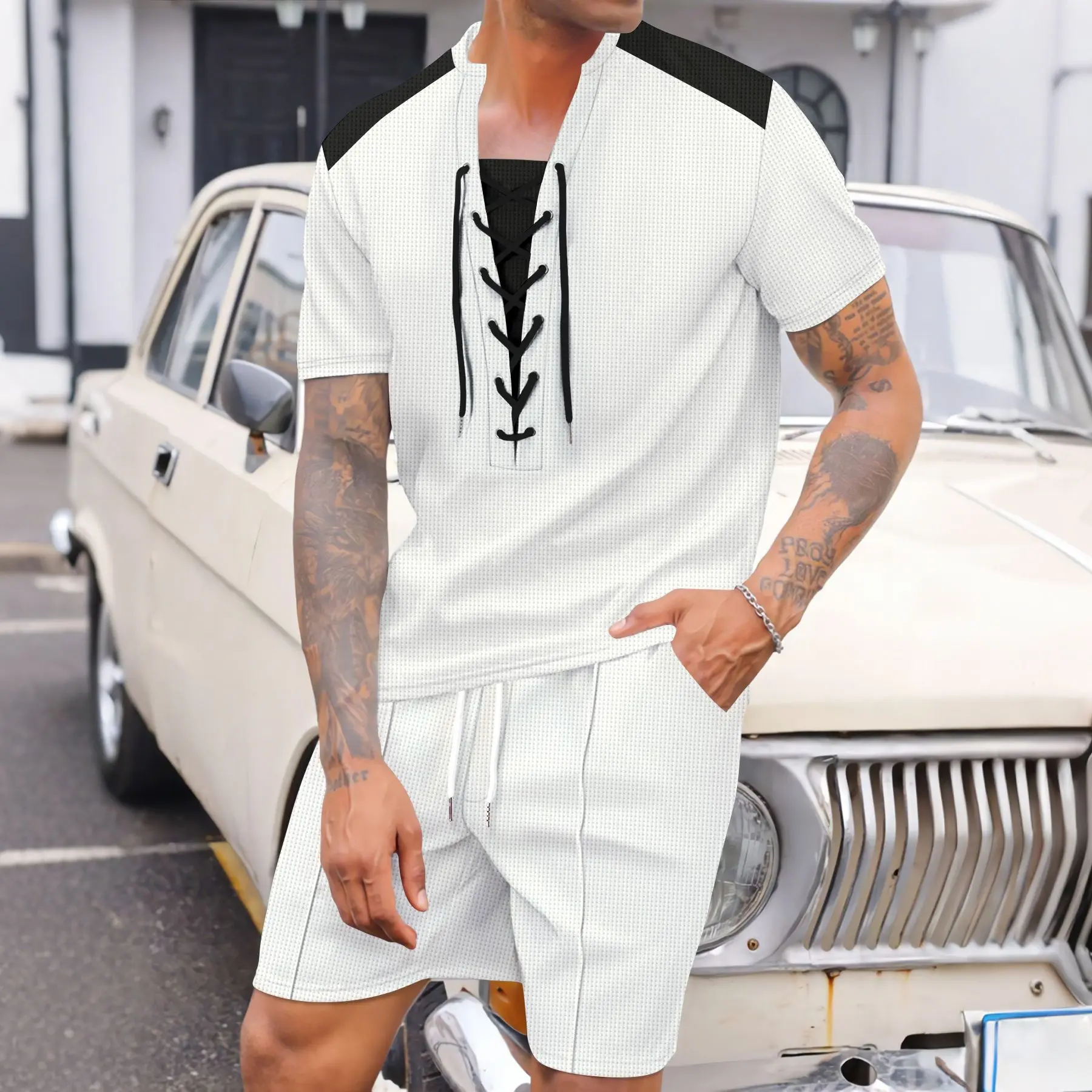 2025 new men's summer trend casual loose comfortable fashion wear rope round neck solid color short-sleeved shorts two-piece set