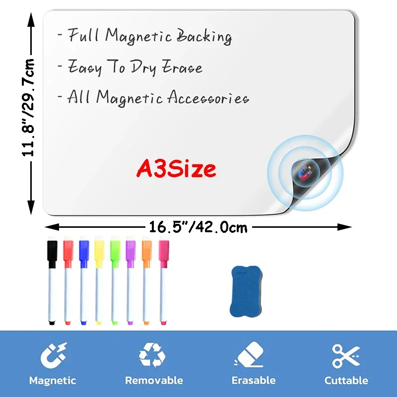 A3 Size Dry Erase Magnetic Whiteboard Fridge Sticker 16.5×11.8in for Refrigerator with 8 Markers 1 Eraser