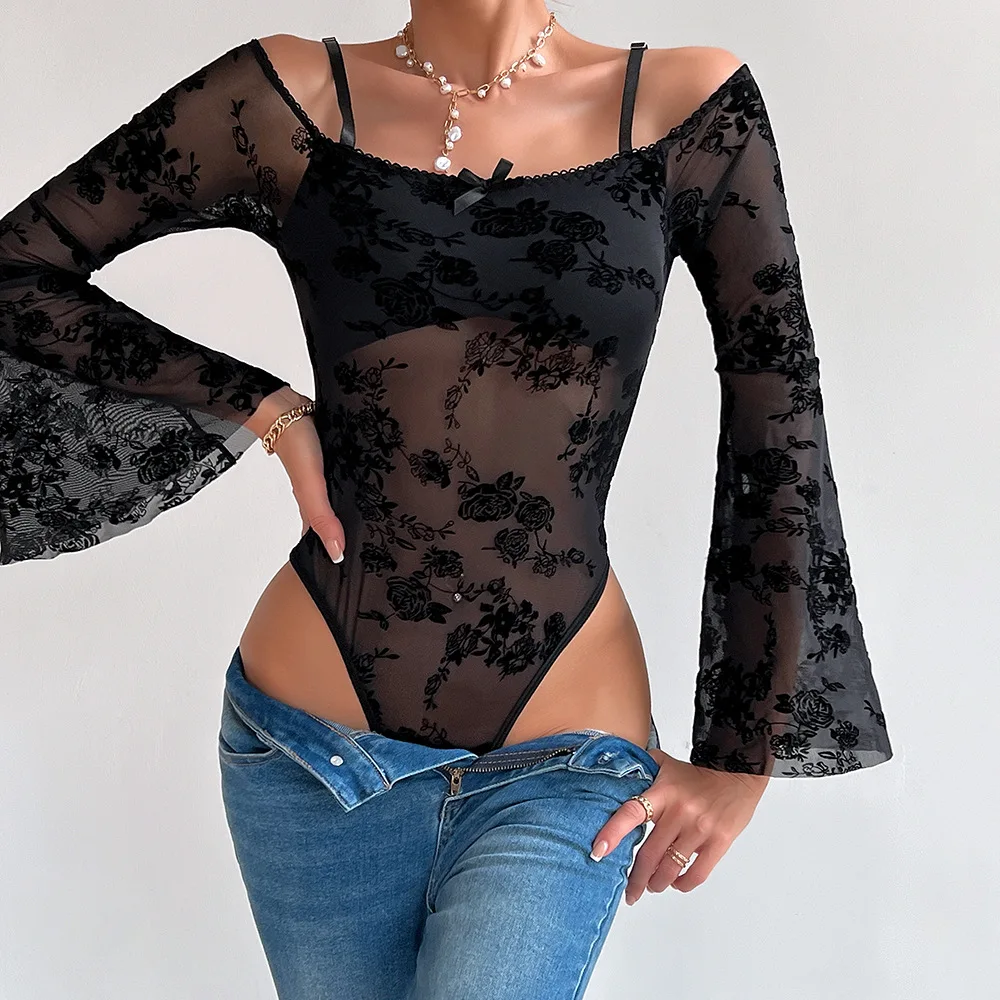 

Floral Embroidery Lace Perspective Bodysuits Sexy Tops Women Flared Long Sleeve T-Shirts Off Shoulder Sexy Bodysuit Lingerie