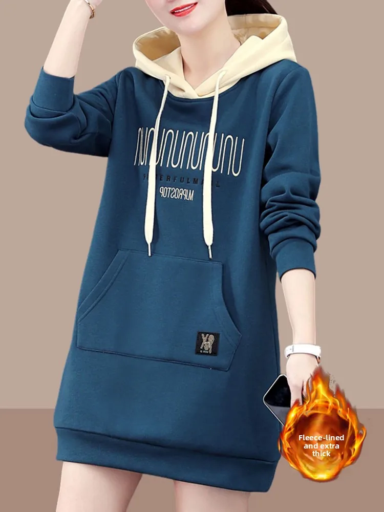 Korean Sle Faionable Loose Versatile ket Mid-Length Design Jaet Hooded Color Blo Fce Thi Large Size Sweatirt