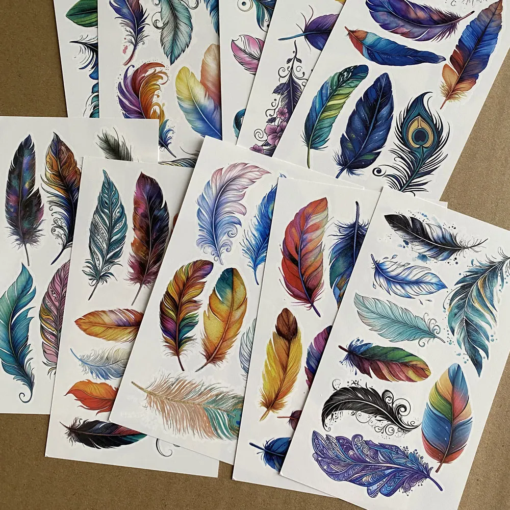 10pcs/pack Colorful Feather Pattern Temporary Tattoo Stickers Waterproof Arm Neck Fake Tattoo Men and Women Body Art