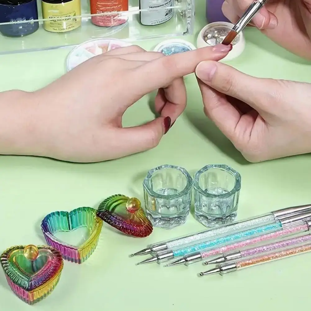 ネイルアート用蓋付きダッペンディッシュ アクリルパウダーコンテナホルダー リキッド ラブハート スクエアフラワー フェイククリスタルガラスカップボウル