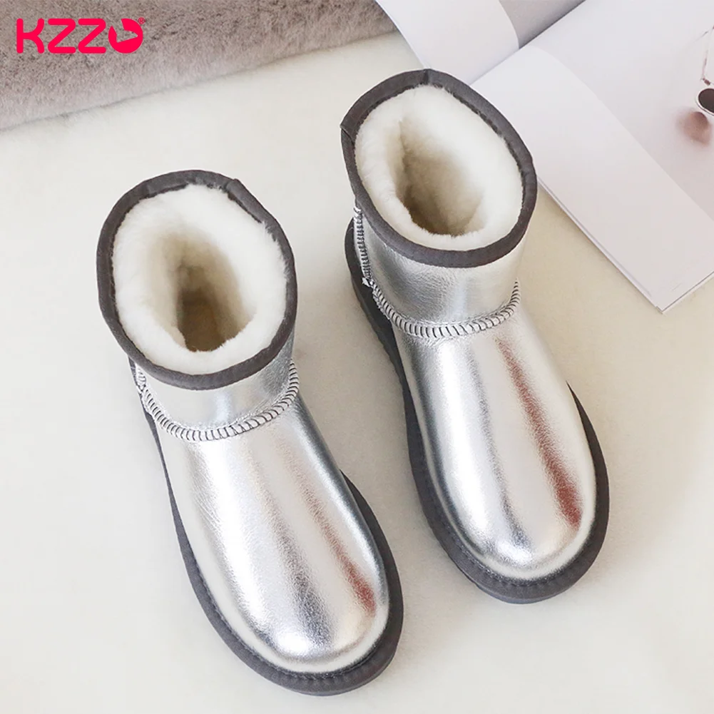 KZZO Women\'s Classic Sheepskin Leather Waterproof Snow Boots Natural Sheep Fur Lined Casual Ankle Winter Warm Shoes Silver