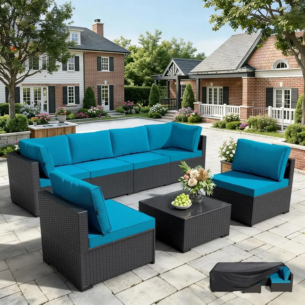 Patio urniture Set 7 Piece - All-Weather - Wicker Rattan Patio Outdoor Contion Set, ular Sectional Soa or Backyard, Garden, Pool