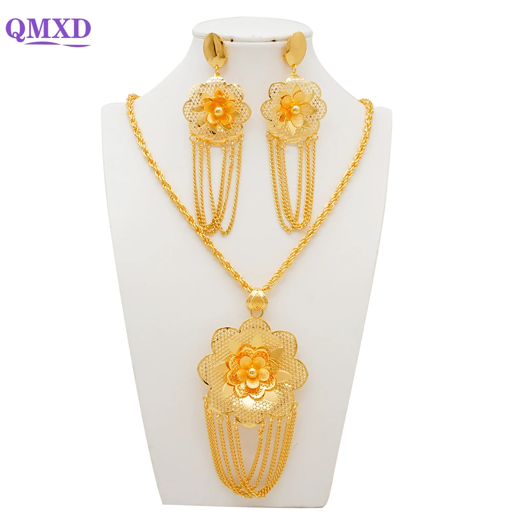 Fashion Flower Dubai Gold Color Jewelry Sets For Women African Bridal Tassel Necklace Earrrings Nigerian Wedding Party Gifts