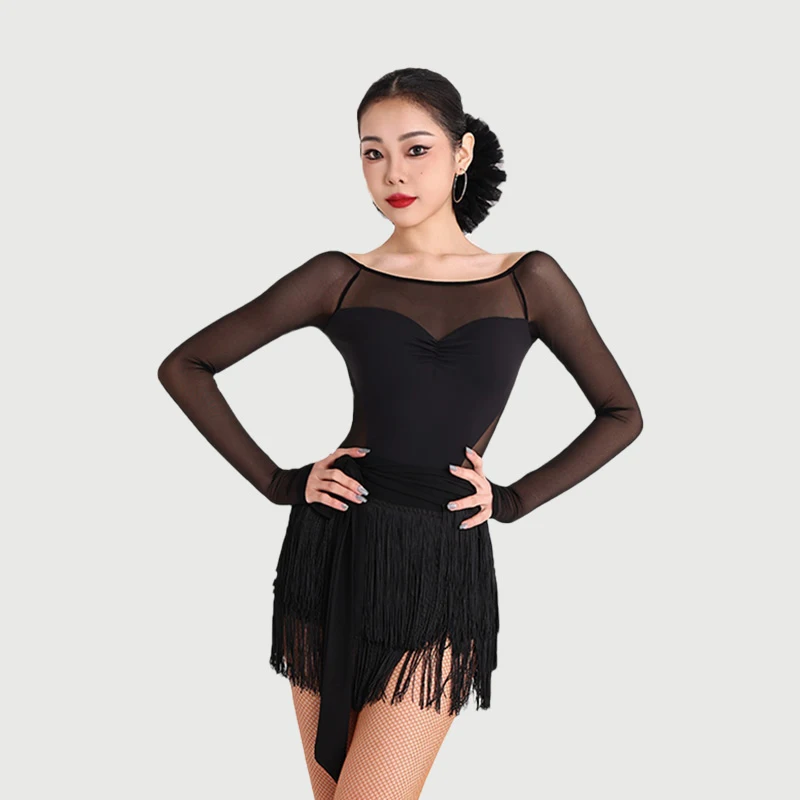 New Latin Dance Tops Women Mesh Long Sleeves Onesie Adult Rumba Samba Salsa Dance Clothing Professional Practice Wear BL15247