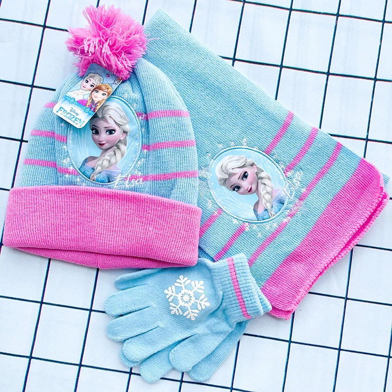 Disney New Autumn and Winter Cute Children Ice and snow Elsa Cartoon Scarf Hat rękawiczka trzyczęściowa ciepła czapka dziecięca dla chłopca i