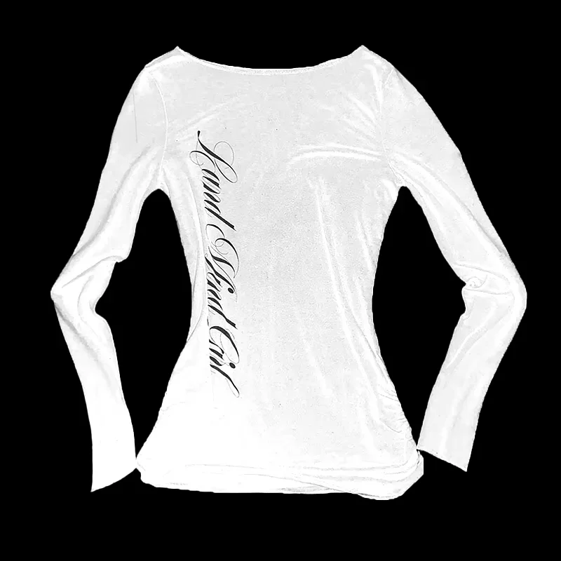 Y2k خمر المرأة البكر Harajuku الملابس عادية ريترو المرقعة رسالة مطبوعة بأكمام طويلة تي شيرت الخريف 90s الملابس اليومية