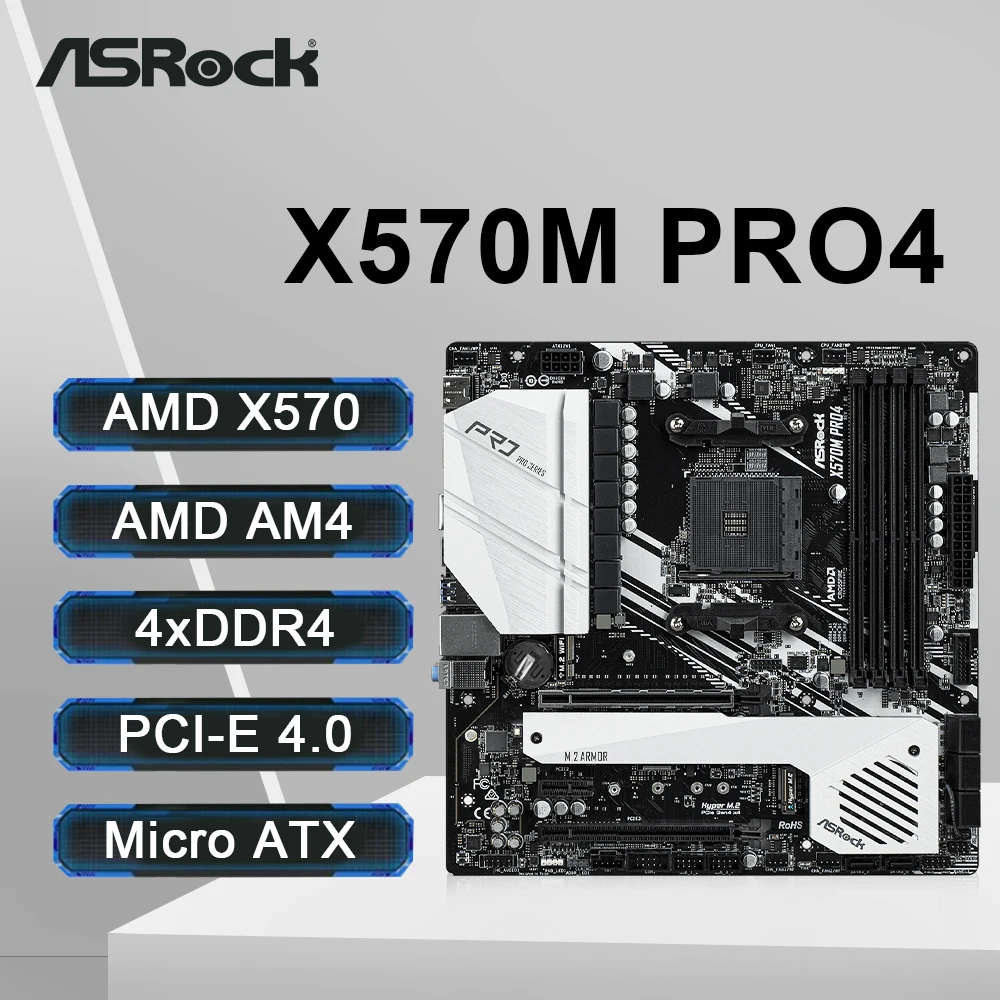 

Материнская плата ASRock X570M Pro4 AMD X570 поддерживает процессор Ryzen 7 5700 Ryzen 5 5600G 4xDDR4 4200+ PCIe 4,0 M.2 NVME ATX AM4