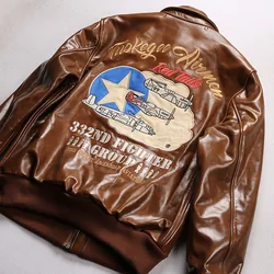 Fashionable New Oil waxed cowhide A2 Pilot Bomber Men's Plus Size Jacket Embroidered Airplane Figure Genuine Leather Jacket