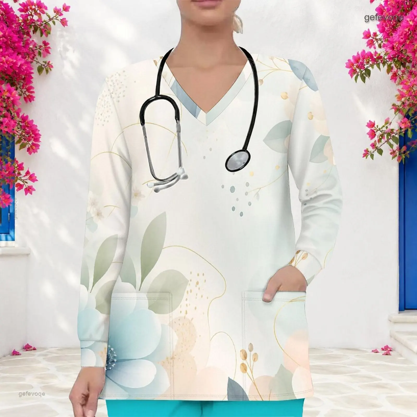 V Neck Long Sleeve Front Pockets Printed Scrub Top for Women