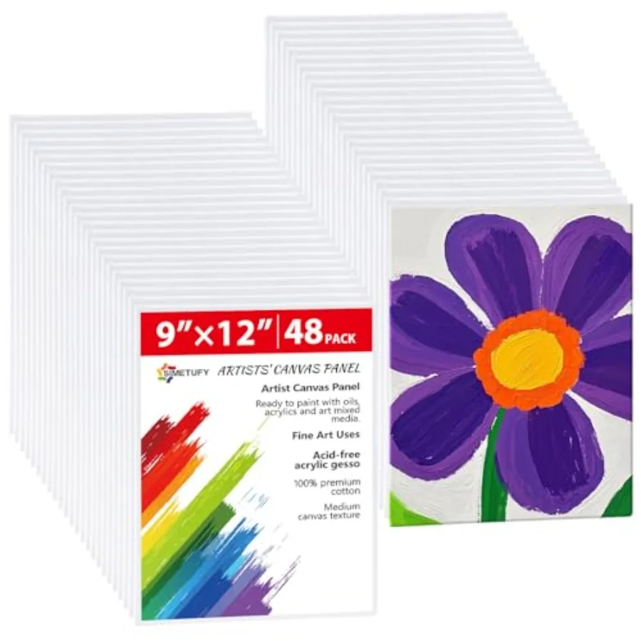 48 Pack 9x12 Inch Canvas Boards, Flat Art Canvas Panels Pre-Primed for Acrylic Painting, 3mm Thick 100% Cotton for Students and