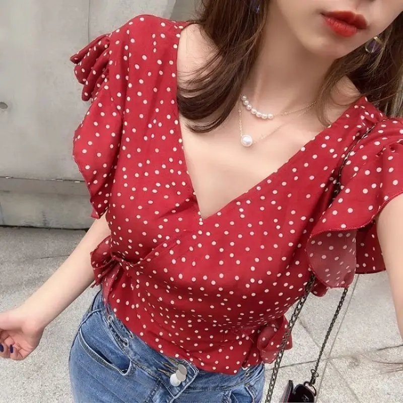 Polka Dot Printing Chiffon Lace Up V-Neck Sexy Chic Flying Sleeve Women\'s Blouse Shirt Korean Fashion Female Clothing Tops 2024