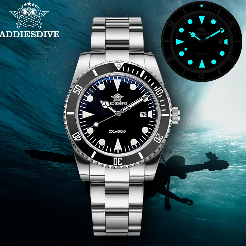 ADDIESDIVE 39MM Men's Sport Watch Date Reloj 316L Stainless Steel 20Bar Waterproof C3 Blue Luminous Quartz Watches