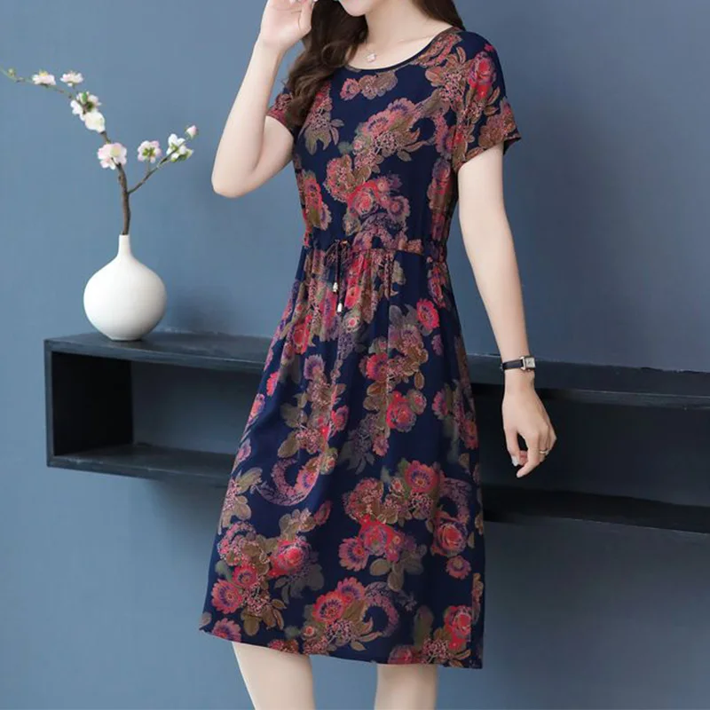 Summer New Cotton Silk Round Neck Lacing Decoration Short Sleeve Multi-element Print Loose Pockets Knee Length Dress for Women