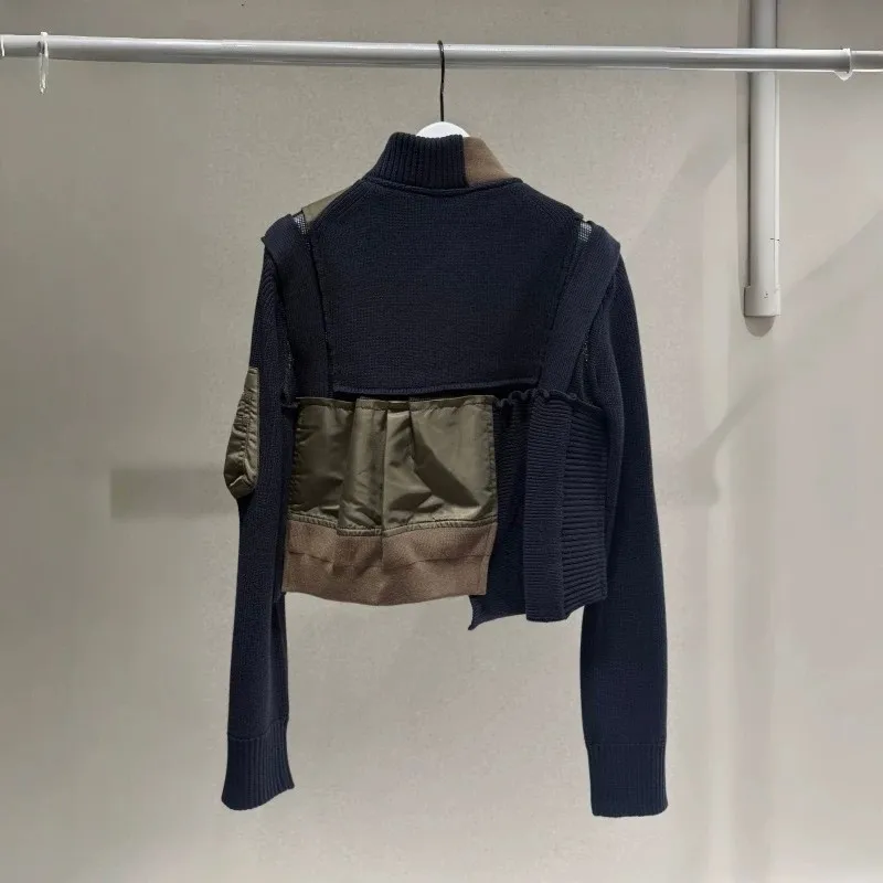 2026 Spring Women Japanese Fashion Stand Collar Knitted Cardigan Patchwork Cropped Short Coat Casual Daily Slim Outer Tops