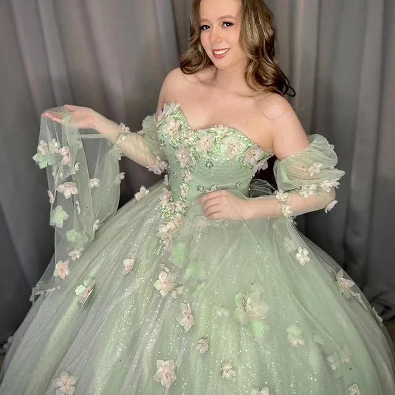 Iridescent Sage Green Ball Gown 3D Flower Sweet Princess Quinceanera Dress Bead Appliques Vestidos De Birthday Party Graduation