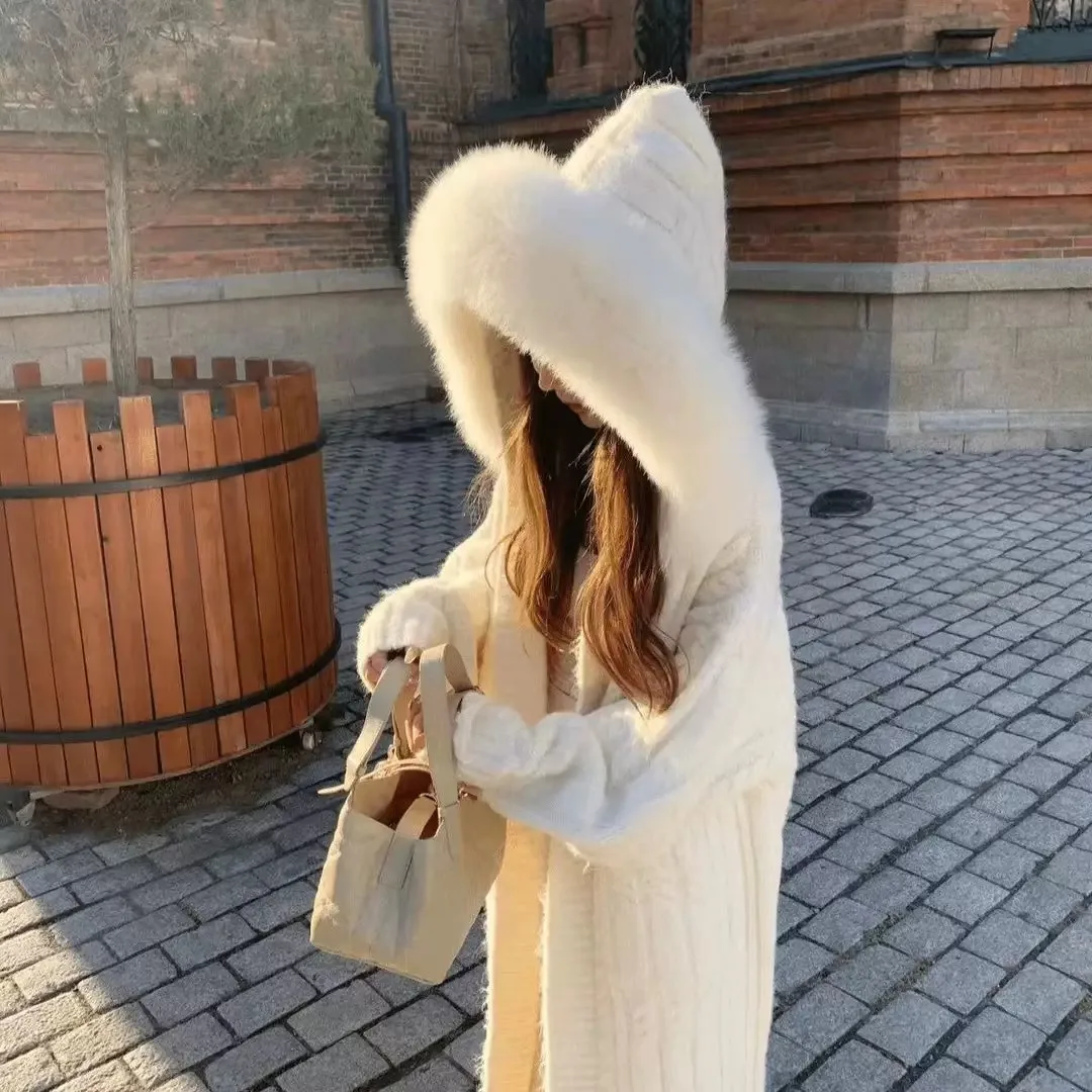 Women Fur Cardigan Thickened Long 2024 Autumn Winter Hooded Jacket Female Loose Simple Leisure Casual Faux Fur Sweater Coat F61