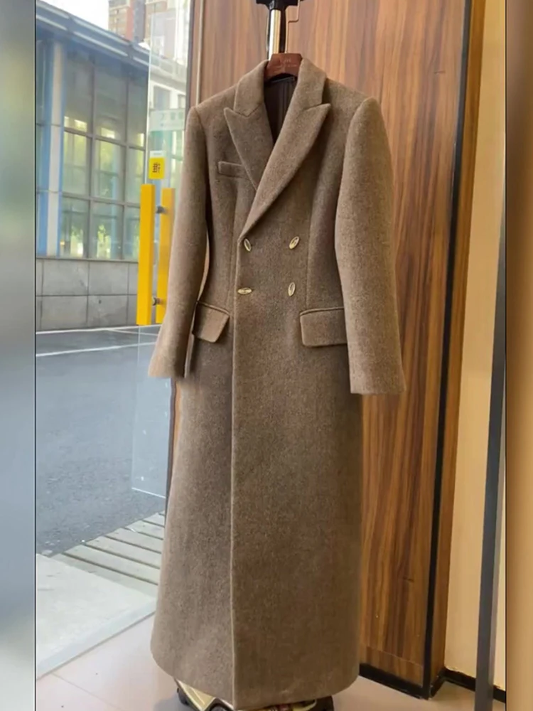 2024 Long Wool Coat Women Elegant Woolen Blazer Jackets Vintage Korean Slim Suit Overcoat Winter Office Lady Casual Outwear