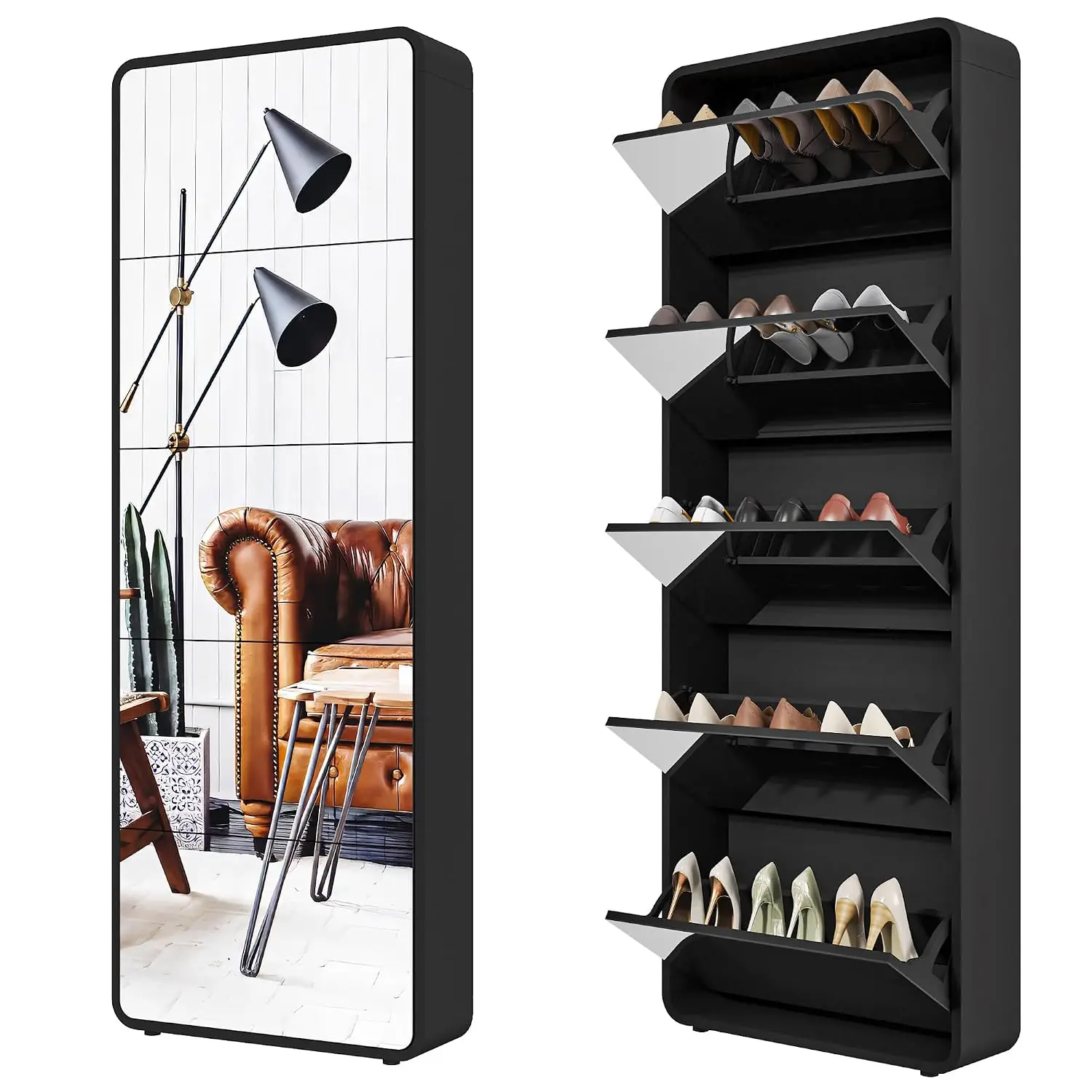 5-Drawer Slim Mirror Shoe Cabinet Storage Organizer Entryway Hallway, Customized