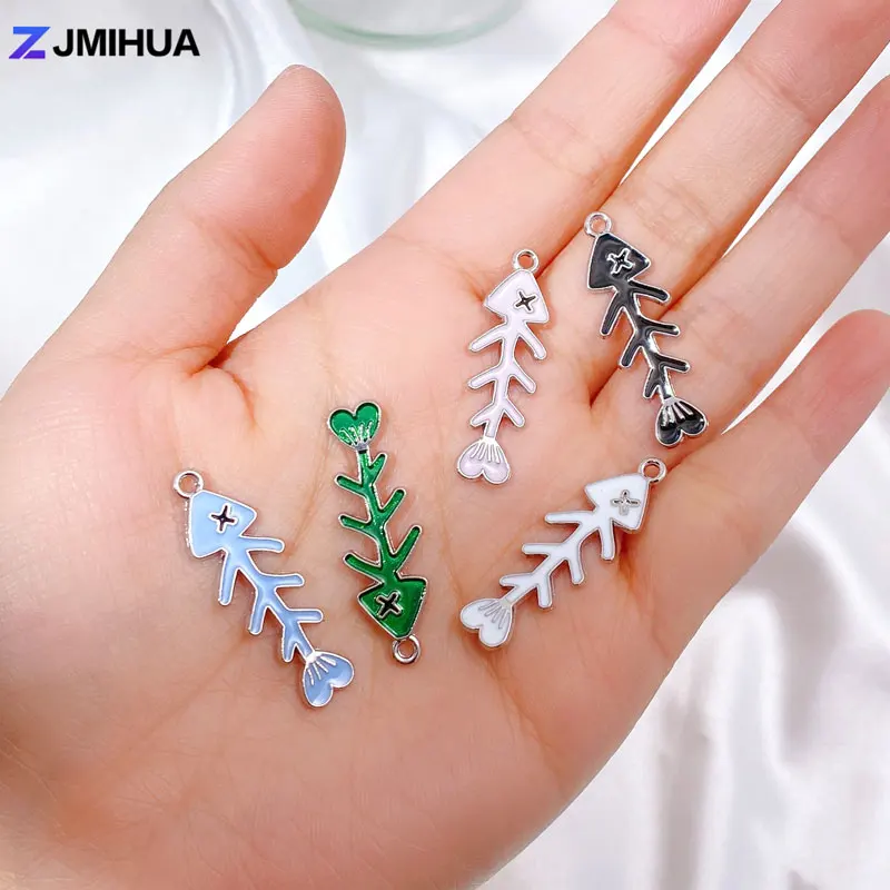 15pcs/lot Silver Color Charms Enamel Fish Bone Pendant For Jewelry Making Earrings Necklaces Bracelets DIY Handmade Accessories