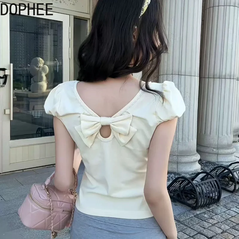 Korea New Spring Summer Sweet Girl Backless Bow Puff Short Sleeve T-shirt Elegant Beading Round Neck Slimming Cotton Basic Top