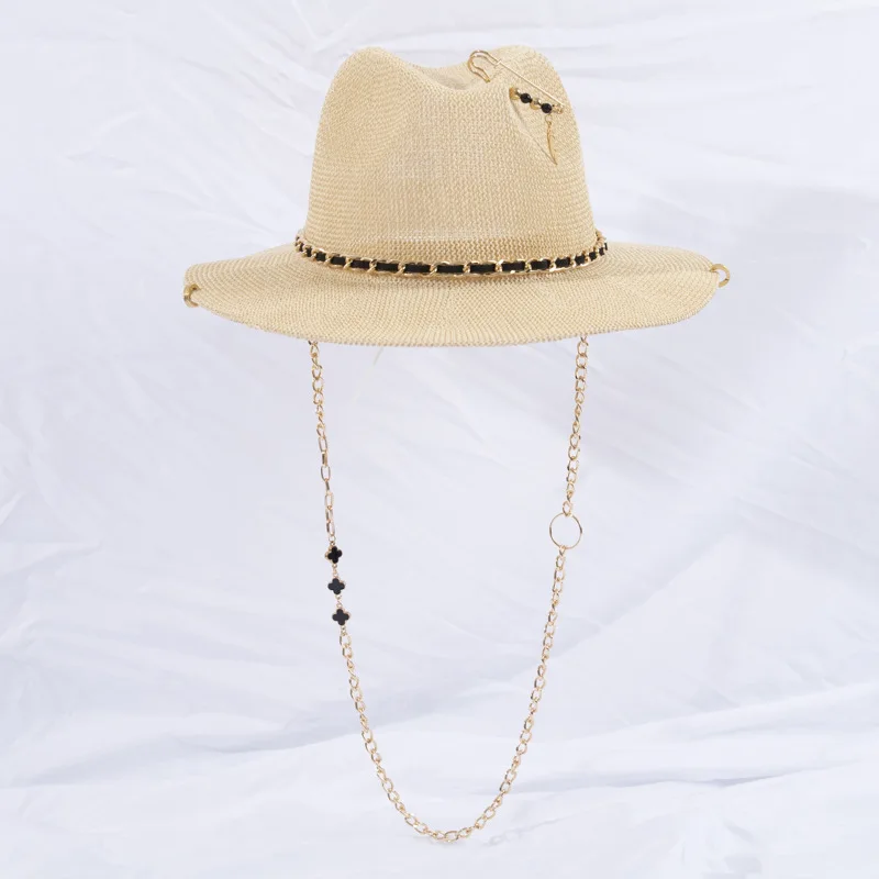 Women's High Quality Chain Straw Hat Pin Design Jazz Hat Summer Beach Fashion Woven Cap