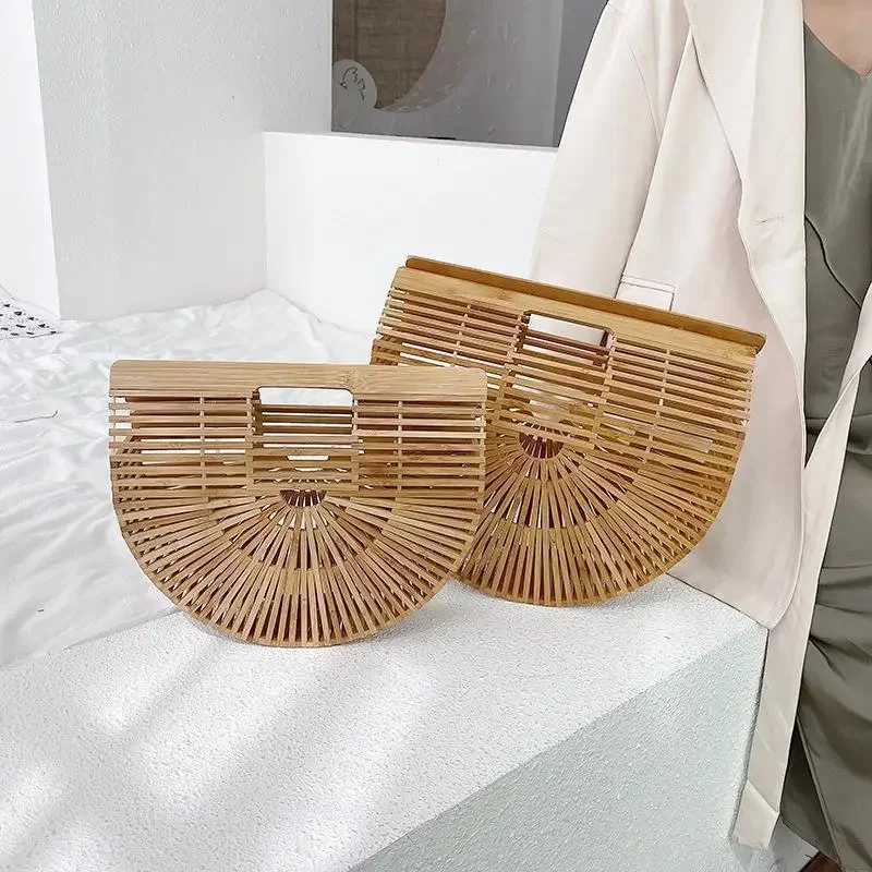 Women\'s Handmade Bamboo Basket Half-round Outdoor Beach Travel Handbag Fashion Designer Top-Handle Bags Retro Braided Bamboo Bag